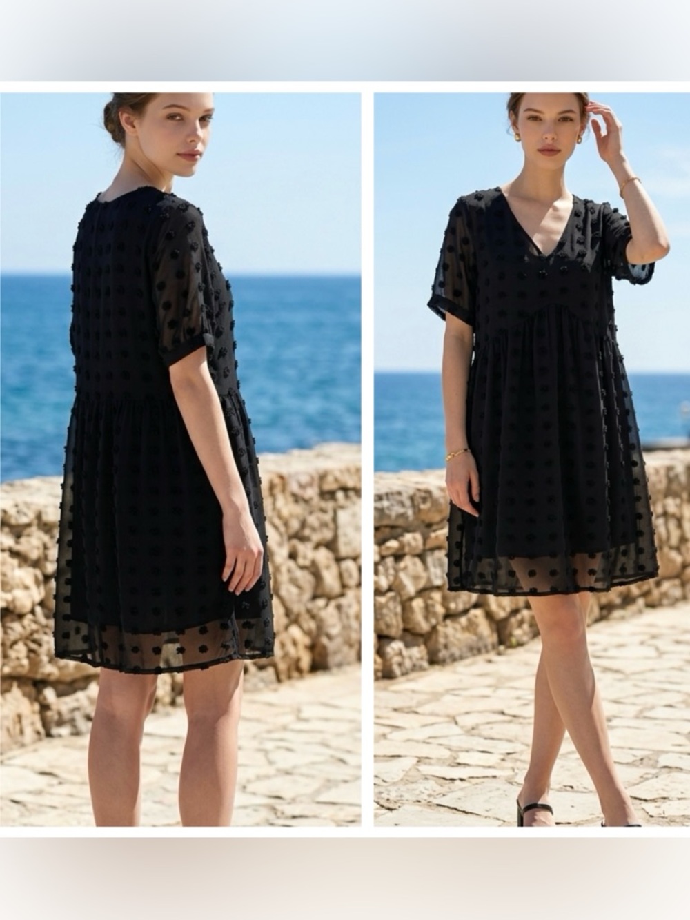 ePretty Women Sz M Black Textured Dot V-Neck Chiffon lined Dress puff sleeve